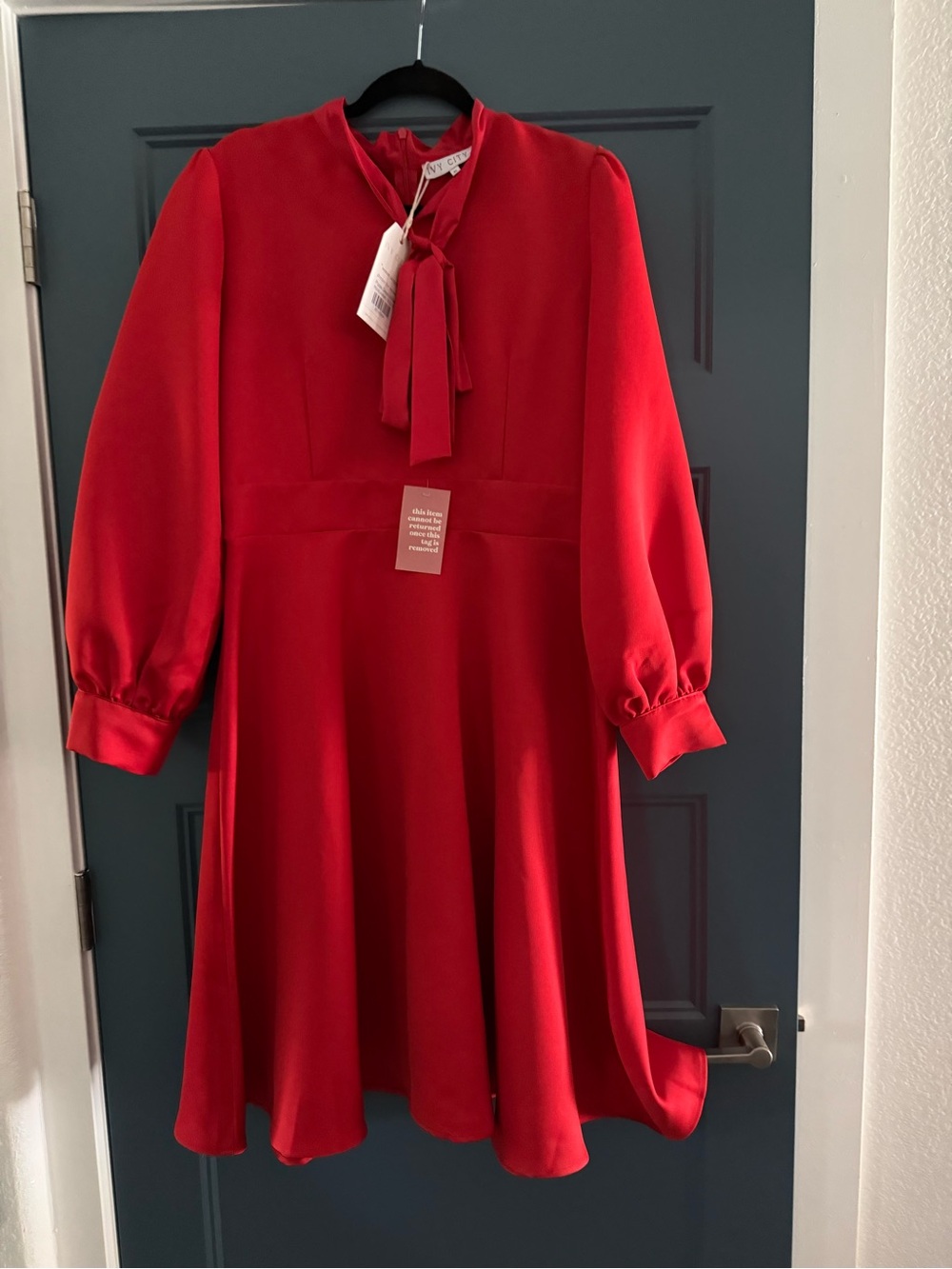Ivy City Co Red Midi Dress with Tie Neck